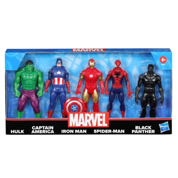 Marvel 6-Inch Hulk, Captain America, Iron Man, Spider-Man, & Black Panther Action Figure Set with Shield Accessory